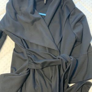 Black hooded caftan style tie waist top